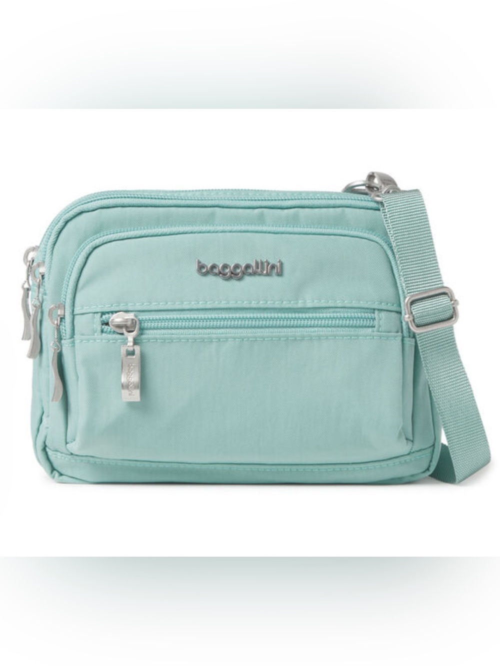 Baggallini Triple Zip Bagg, lightweight nylon crossbody, light blue color, EUC